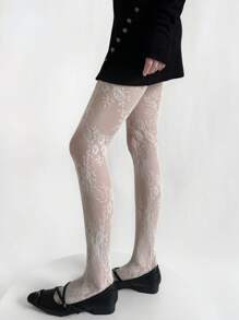 Kawaii 白色碎花网眼连裤袜，高弹力 - 白色 - 查看 3