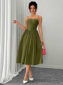 Rafferiza 秋冬女士时尚百搭约会派对修身腰喇叭裙 - 軍綠色 - 查看 5