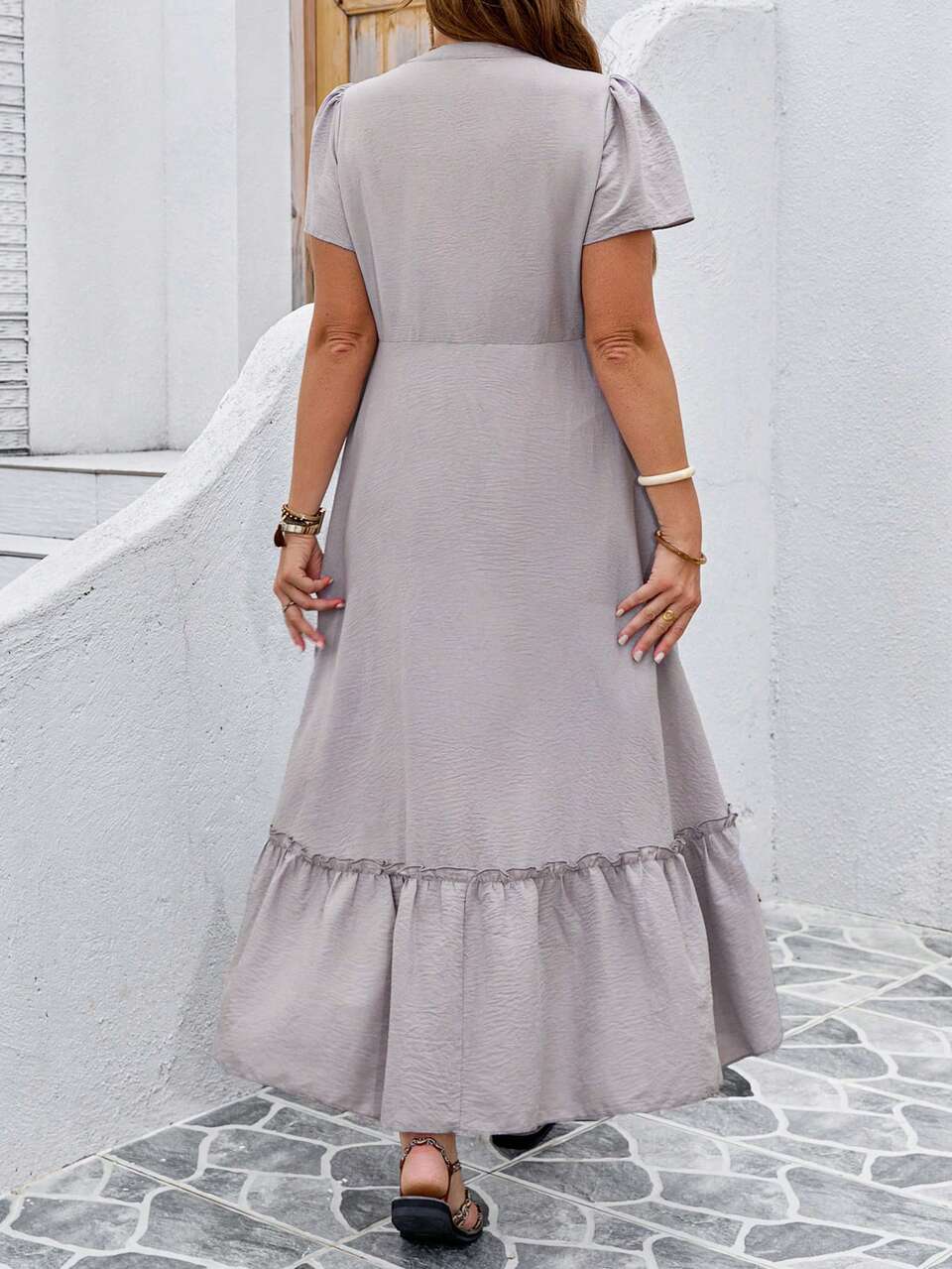 Plus Size Women Casual Asymmetrical Hem Long Short Sleeve Dress, Versatile,Fashionable For Summer,Vacation Outfits  For Women,Holiday Outfits Boho
