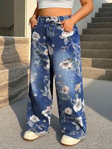 SHEIN ICON 大码休闲水洗花卉印花牛仔裤 - 中等水洗藍 - 查看 3