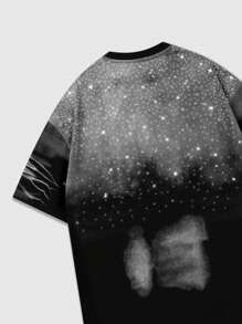 ROMWE MEN Street Life Men's Grunge Casual Rhinestone Splicing Round Neck Short Sleeve T-Shirt, Summer, Rave - Black - View 5