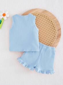 Cozy Pixies Baby Girl 3D Floral Round Neck Sleeveless Pullover Top And Elastic Waist Shorts 2pcs Set