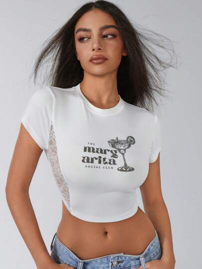 Jeanoix 女士蕾丝拼接不对称下摆印花短款 T 恤，性感