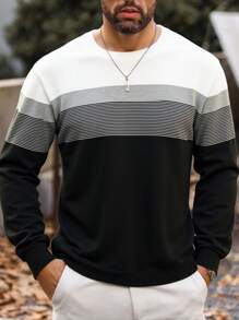 Manfinity Homme Men's Plus Size Crew Neck Striped Contrast Color Stripe Casual Loose Comfortable Knitted Graphic Color Block Pullover Long Sleeve Sweater, For Going Out
