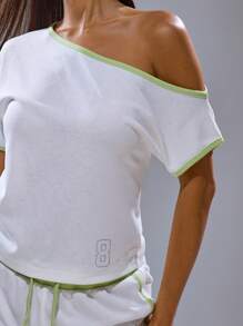 MUSERA Asymmetrical Shoulder Contrast Trim Graphic Short Sleeve Top Spring, Summer, Streetwear, Y2k, Cool Girl, City Going Out Tops Fall - White - View 2