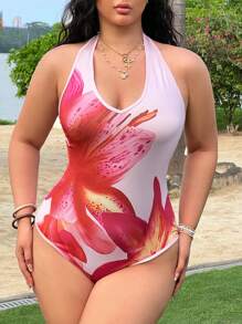 SHEIN EZwear 大码夏季花卉深V领紧身衣 - 粉色 - 查看 3