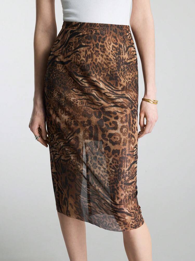 Women's Elastic Waist Leopard & Zebra Print Skirt, Fashionable For Daily Wear, Commuting, Office Lady, Spring/Autumn