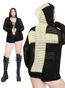 Whyspr Cárdigan con capucha tejido de estilo retro punk Y2K para mujer de talla grande, adecuado para vacaciones y uso casual - Blanco y Negro - Ver 1