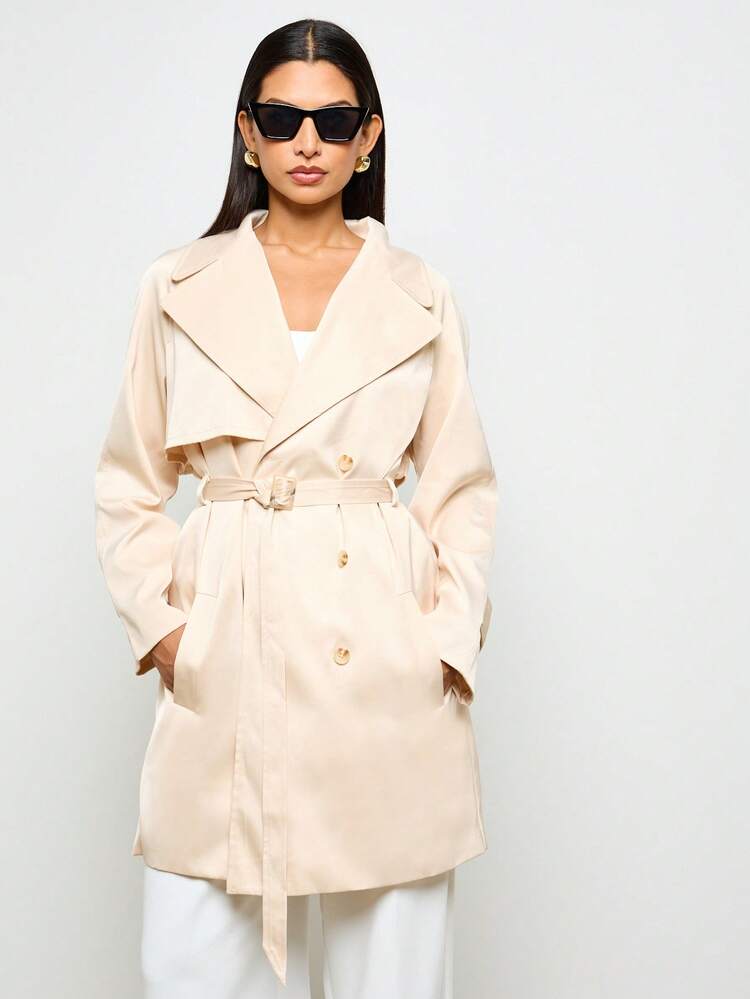 AiiRZ Satin Trench Coat Belted Double Breasted Spring Fall Fashion Outerwear Elegant Long Sleeve Lapel Collar Classic
