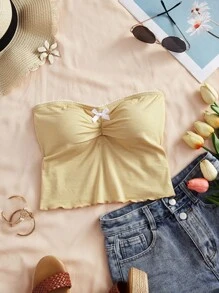 INAWLY Top bandeau a rayas con lazo, top corto juvenil adelgazante y sexy para mujer - Amarillo - Ver 3