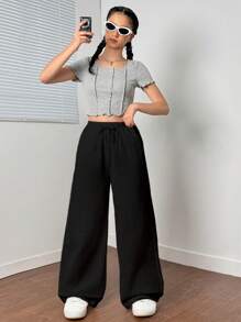 SHEIN Teen Girls' Solid Color Loose Casual Drawstring Wide Leg Pants,Kids - Black - View 5
