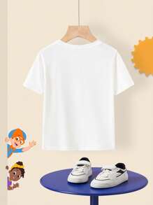 Blippi X SHEIN 小男孩卡通和相机印花白色百搭短袖T恤，夏季