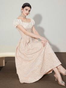 Modelyn 女式露肩花卉提花褶饰优雅连衣裙 - 杏色 - 查看 3