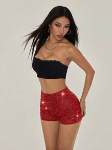 SHEIN PETITE Pantaloncini aderenti da donna con decorazioni in paillettes, adatti per l'estate