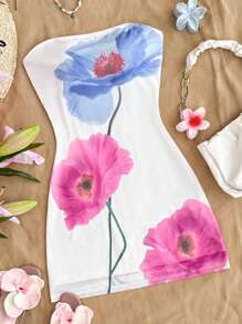 SHEIN Vestido mini con bandeau de punto blanco con estampado floral, lindo y dulce, para tiempo libre y vacaciones, apropiado para el almuerzo y de vacaciones, para adolescentes