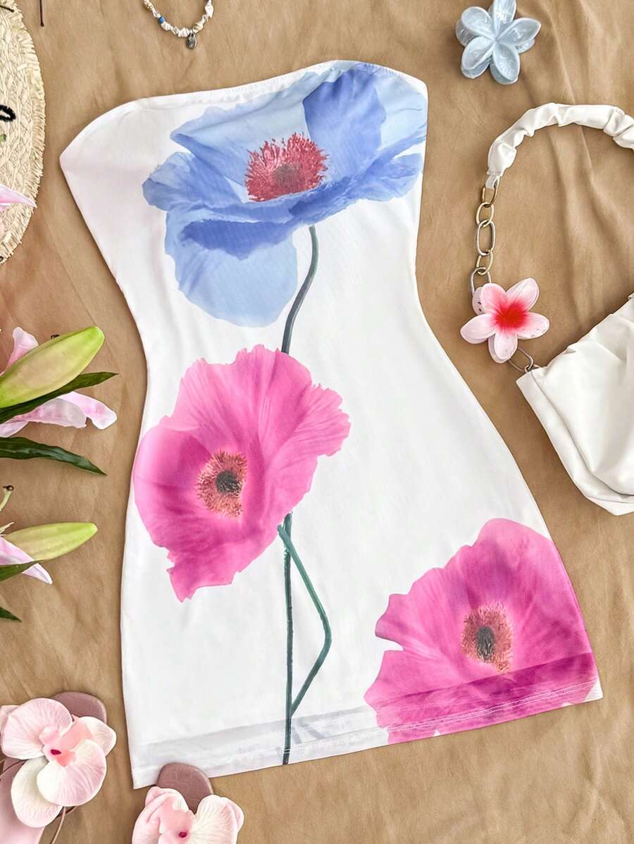 SHEIN Vestido mini con bandeau de punto blanco con estampado floral, lindo y dulce, para tiempo libre y vacaciones, apropiado para el almuerzo y de vacaciones, para adolescentes