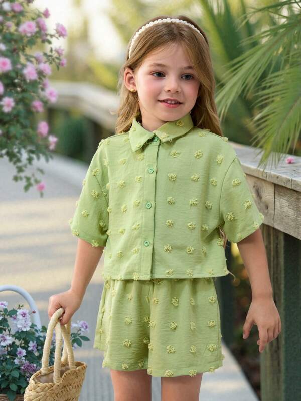 SHEIN Young Girl Casual Simple Comfortable Turndown Collar Cropped Shirt & Shorts Set