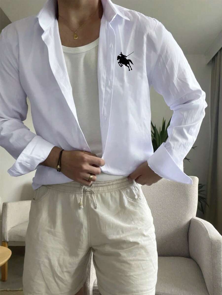 SHEIN Manfinity Dauomo Men's White Long Sleeve Shirt With Knight Print - White - View 1
