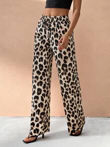 SHEIN Tall Pantalones largos casuales y relajados con estampado de leopardo para mujeres, ropa de mujer para verano y otoño - Marrón - Ver 9