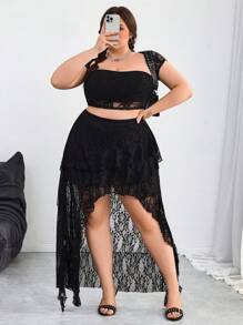 SHEIN CURVE+ Plus Size Black Lace Skirt, Minimalist & Fashionable, Bohemia Suitable For Summer Festival Raves/Concert Women Gyaru Y2k Skirt Suitable For Summer/Wedding Guest Skirt - Black - View 5