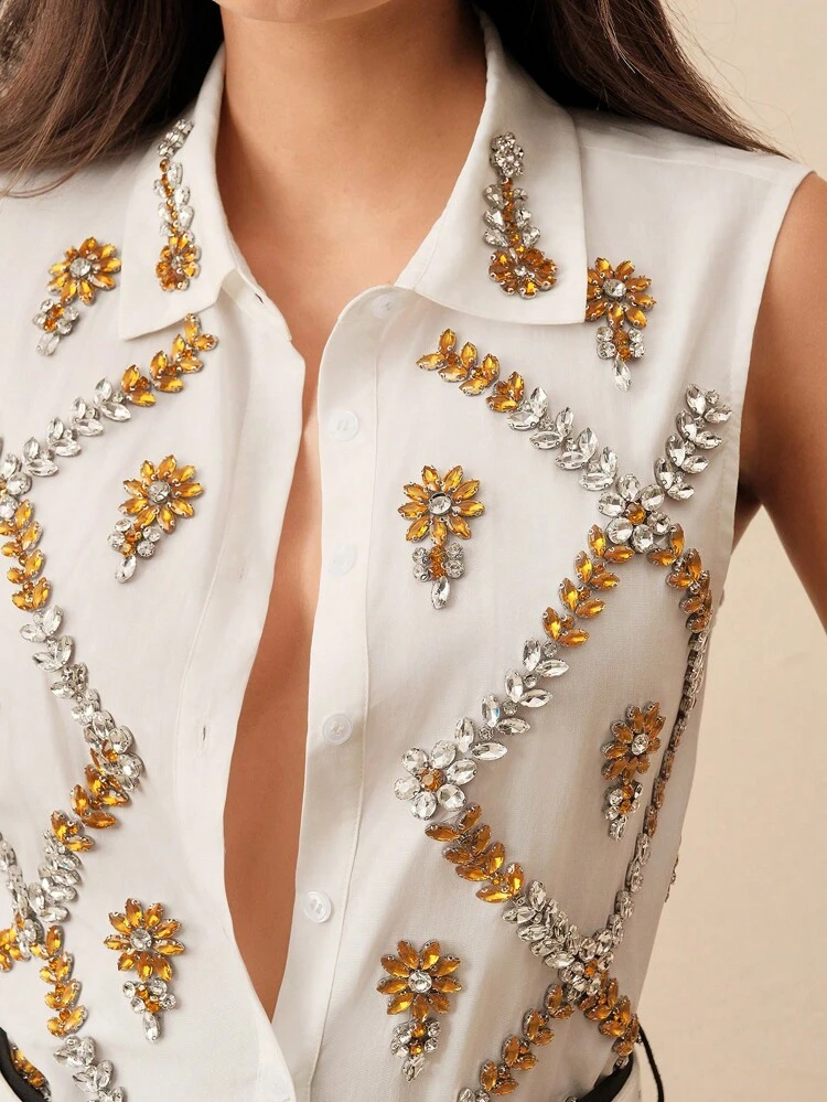 Geometric Floral Rhinestone Decorated Single-Breasted Sleeveless Shirt, Fashionable For Women In Summer