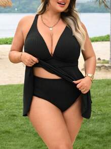 SHEIN CURVE+ Women's Plus Size Ribbed 2 Pieces Swimsuit, Vacation Halter Bikini Set For Summer - Black - View 5