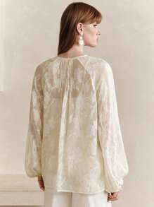 EMERY ROSE Camicetta casual elegante da donna con maniche a lanterna, scollo a V e bottoni, in tessuto jacquard floreale, adatta per l'ufficio, l'estate, il tempo libero, le vacanze, i festival e l'abbigliamento casual per insegnanti - Albicocca - Visualizzare 4