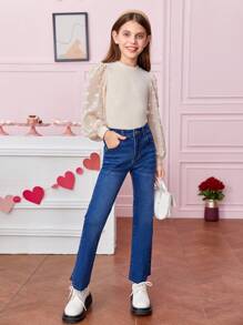 SHEIN Tween Girl Swiss Dot Lantern Sleeve Waffle Knit Tee - Beige - View 5