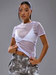 MUSERA Mesh Short Sleeve Crew Neck Top Spring Streetwear Y2K Cool Girl Cute City Muse Fall Back To School ,Elegant - White - View 1