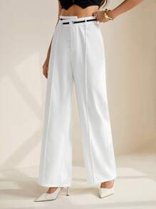 SHEIN Tall Quần ống rộng xếp ly cạp bất đối xứng cạp trễ thường ngày cho nữ - trắng - Xem 3