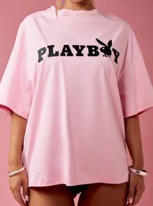 Missguided x Playboy 超大图案个性 T 恤经典街头风上衣短袖棉质夏季节日休闲家居服日常时尚 - 粉色 - 查看 7