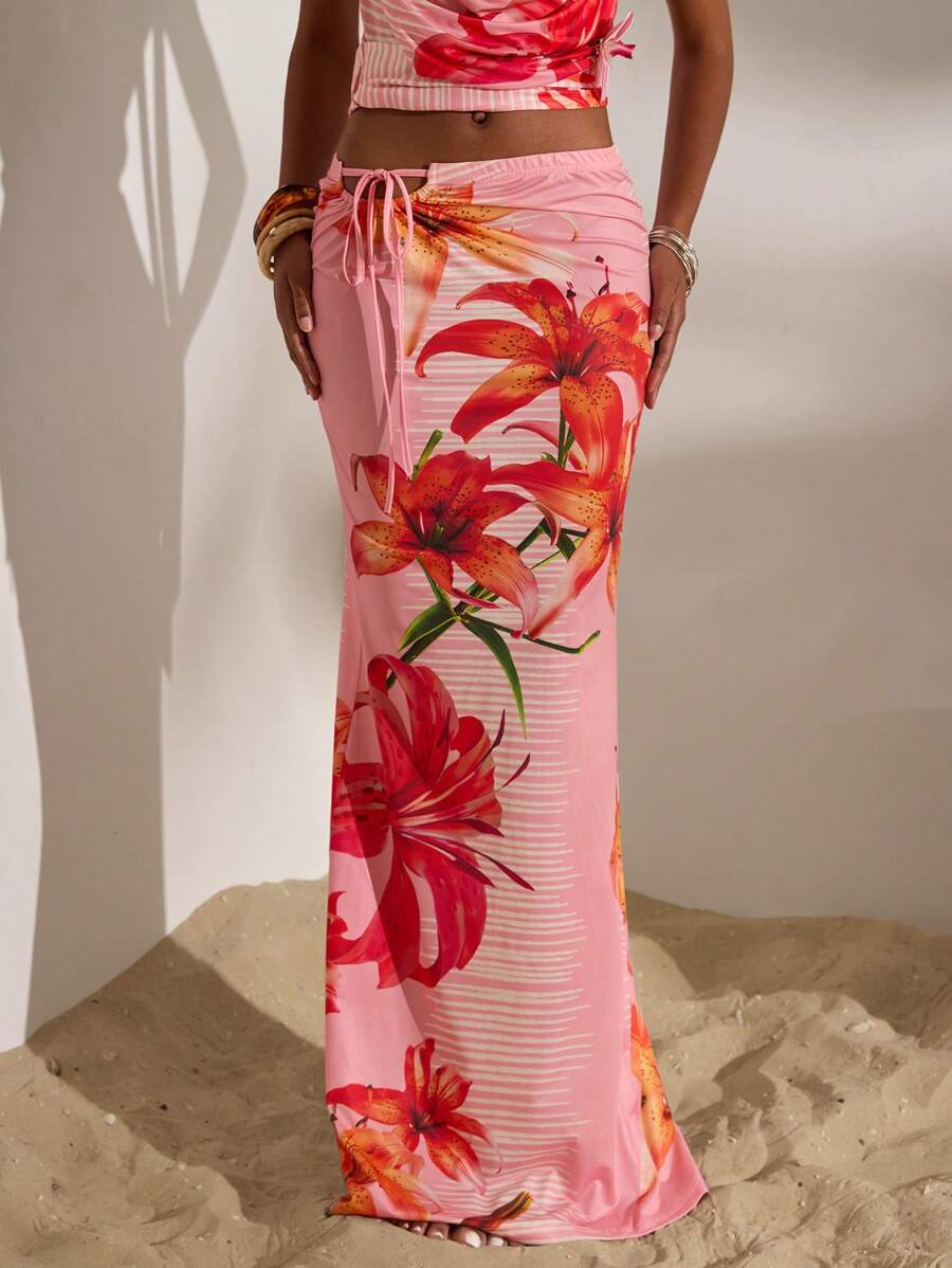 Opulessa Women's Long Floral Print Maxi Beach Skirt For Vacation Holiday Summer Vacation - Baby Blue - View 1