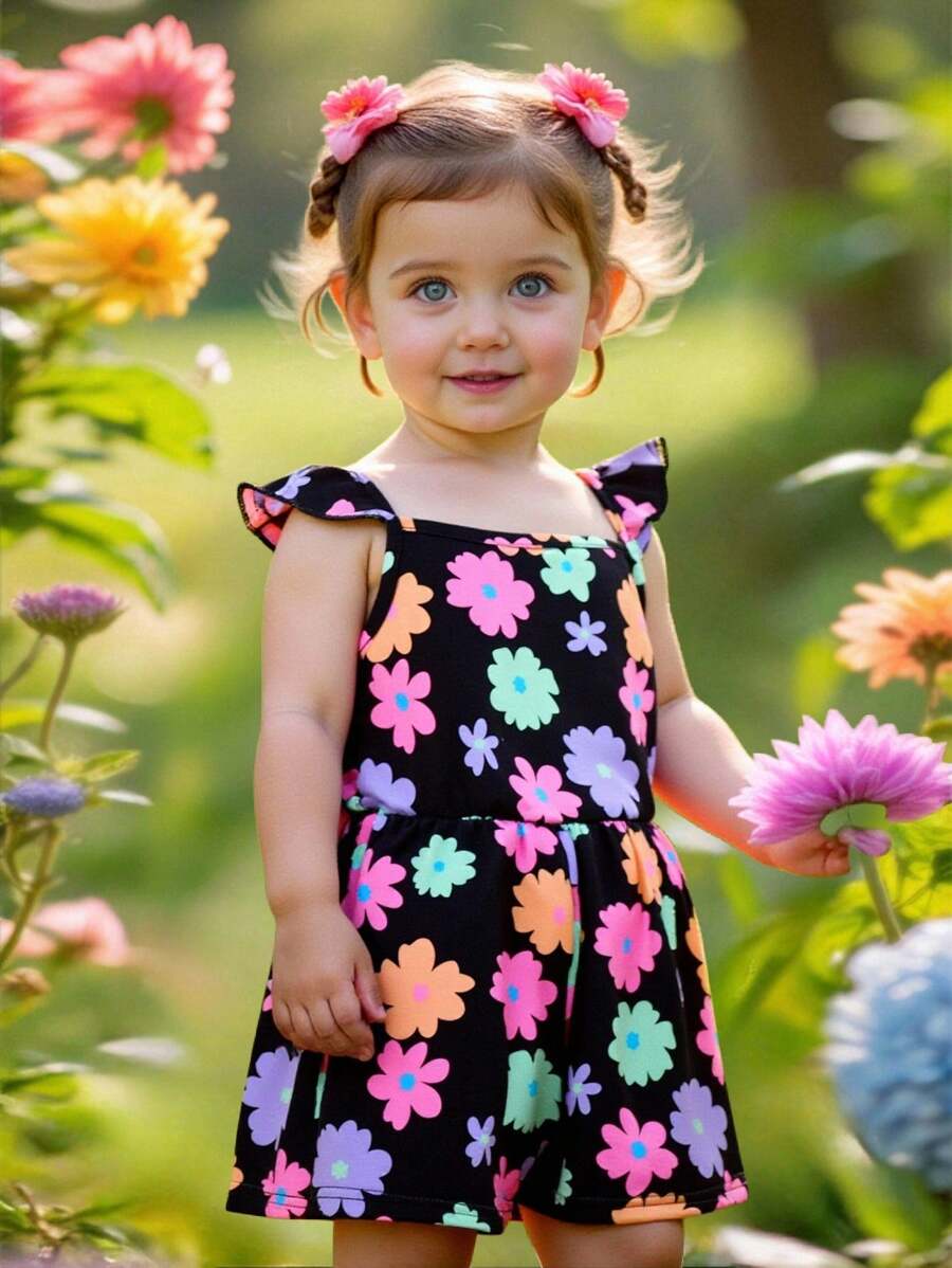 SHEIN Leap Crew Babygirl Summer Cute Floral Knit Romper - Multicolor - View 1