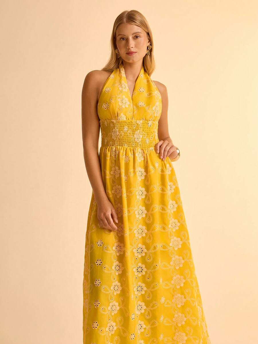 CAJUNI Đầm Maxi hở lưng thêu kim tuyến vàng mới cho kỳ nghỉ hè của phụ nữ, Kỳ nghỉ hè, Hẹn hò, Dã ngoại, Mùa trở lại trường - Nhiều màu - Xem 1