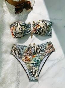 Vaytide Conjunto de bikini de dos piezas tipo bandeau con accesorios en color dorado, estampado de leopardo degradado, ideal para vacaciones de verano - Multicolor 2 - Ver 2