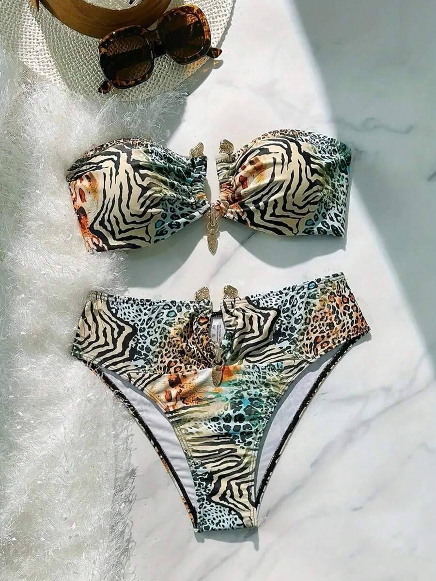 Swim Vcay 性感渐变色豹纹金色配饰两件套抹胸比基尼套装,夏日度假 - 彩色 - 查看 1