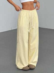 TRNVIE Pantalones rectos de pierna de cintura baja con cordón de algodón rosa, ropa casual de moda para el hogar para mujer, temporada de primavera
