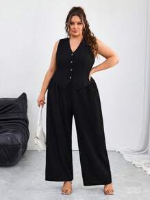 SHEIN CURVE+ Conjunto informal de talla grande para vacaciones, temporada de graduación, vuelta al colegio de chaleco blazer + pantalones / camisetas gráficas