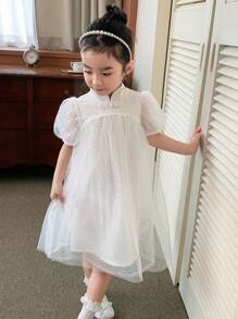 DAZY 小女孩亮片网眼蓬松短袖中长款派对连衣裙，女孩夏季服装 - 銀色 - 查看 6