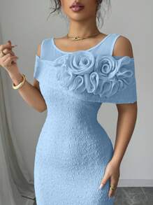 Modelyn Solid Color Mesh Splice Raised Floral Cut-Out Shoulder Midi Dress For Women