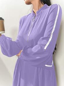 Al Najma Women's Zipper Long Sleeve Fashion Pockets Gentle & Elegant Arabian Style Dress, Casual Sporty For Casual Daily/Work/Back To School, Maxi Length Arabian Dresses