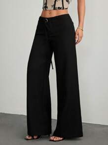 SHEIN PETITE 女士纯色日常百搭通勤休闲日常休闲腰部孔眼装饰系带阔腿宽松休闲裤 - 黑色 - 查看 3