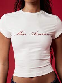 MISSGUIDED Miss America Baby Tee Fitted Crop Top Y2K Aesthetic Streetwear Retro Script Print Summer Fashion Short Sleeve Basic Tee - White - View 5