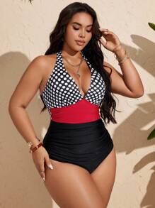 Swim Vcay Traje de baño de una pieza para mujer de talla grande con diseño de unicolor, parches, lunares y estampados, estilo modesto para playa, fiesta y natación
