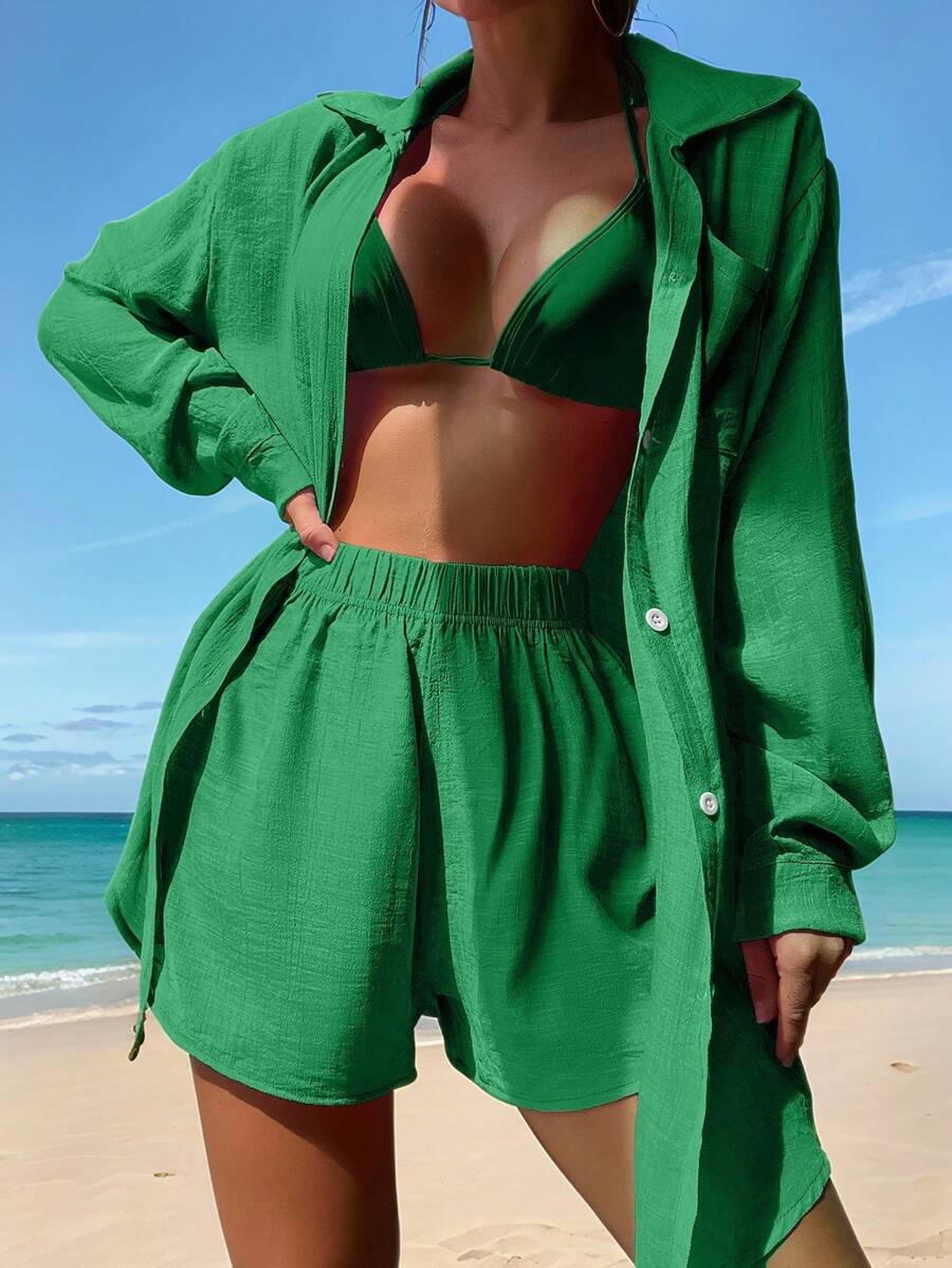 Swim Vcay Summer Beach Solid Button Front Cover Up Set - Green - View 1