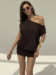 Aloruh Cutout One Shoulder Short Sleeve Mini Dress, Loose Top & Tight Bottom, Suitable For Young Ladies - Coffee Brown - View 3