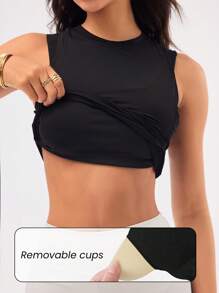 Easithlete Femei minimalist culoare solidă umăr decupat plasă Splice transparent sport maiou - Negru - Vizualizare 3