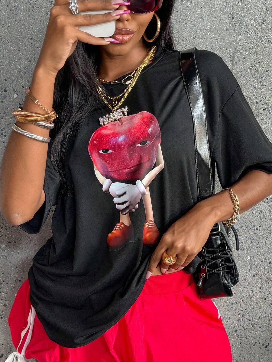 INAWLY 卡通印花圆领休闲长袖 T 恤，夏季图案 T 恤女式上衣，适合春季穿搭 - 黑色 - 查看 1