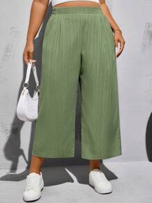 SHEIN Essnce Große Größen Frühlings- und Sommer Mode Lässige locker sitzende bequeme Basic Allround Schlank Textur Stoff elastischer Bund grüne weite Bein Dreiviertel Hosen, einfacher Stil, Damen Unterteil, Arbeitshose, Baggyhose, Urlaubsoutfit - Grün - Übersicht 4