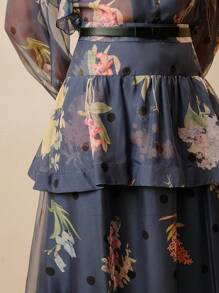 Anewsta 女士花卉和波尔卡圆点印花荷叶边下摆优雅A字裙，适合度假穿着 - 寶藍色 - 查看 6